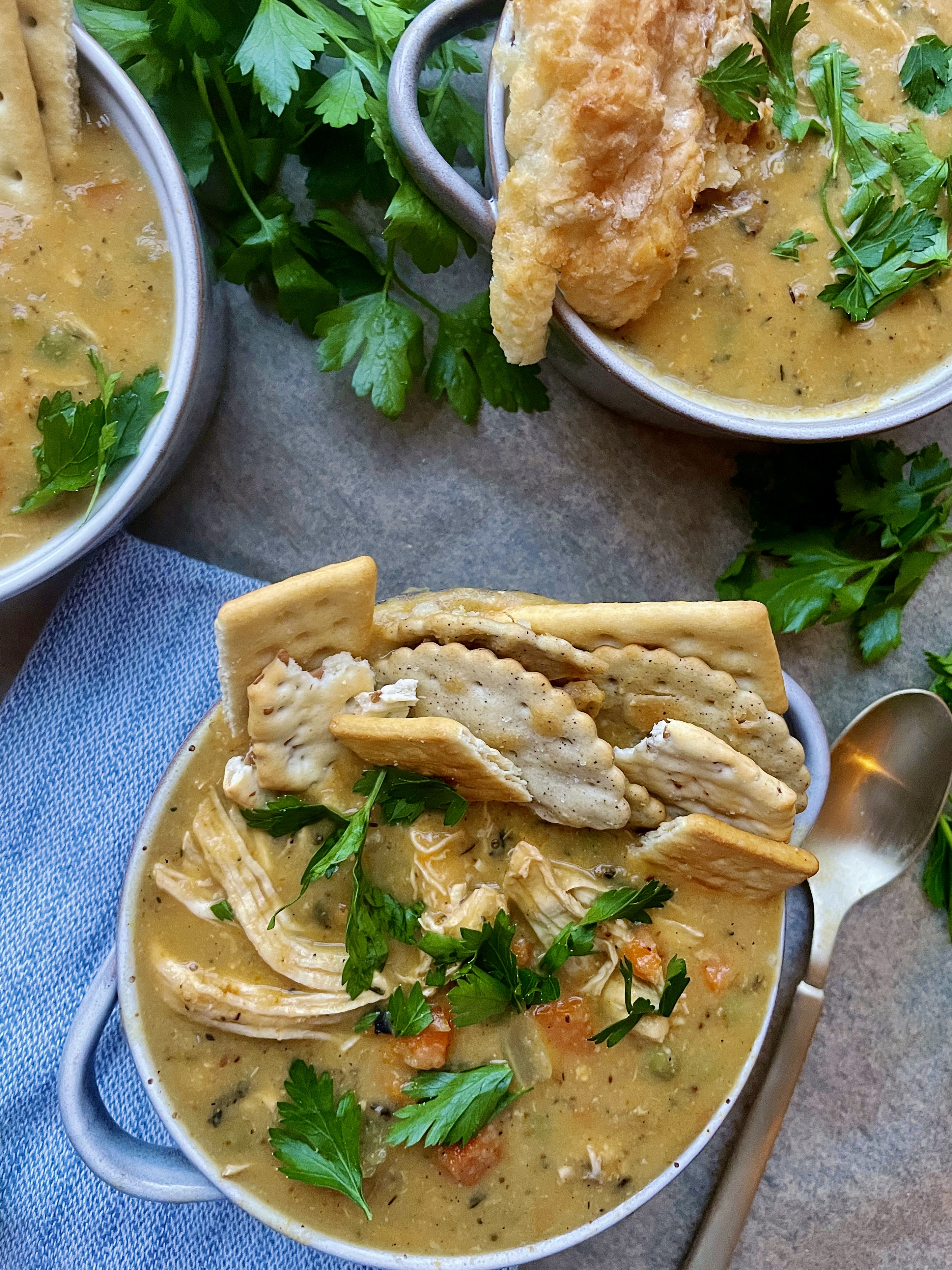 The creamy, nostalgic chicken and veggie pie lightened up in the most flavorful cozy soup of the season: I could eat this Healthier Chicken Pot Pie Soup every day this time of year!