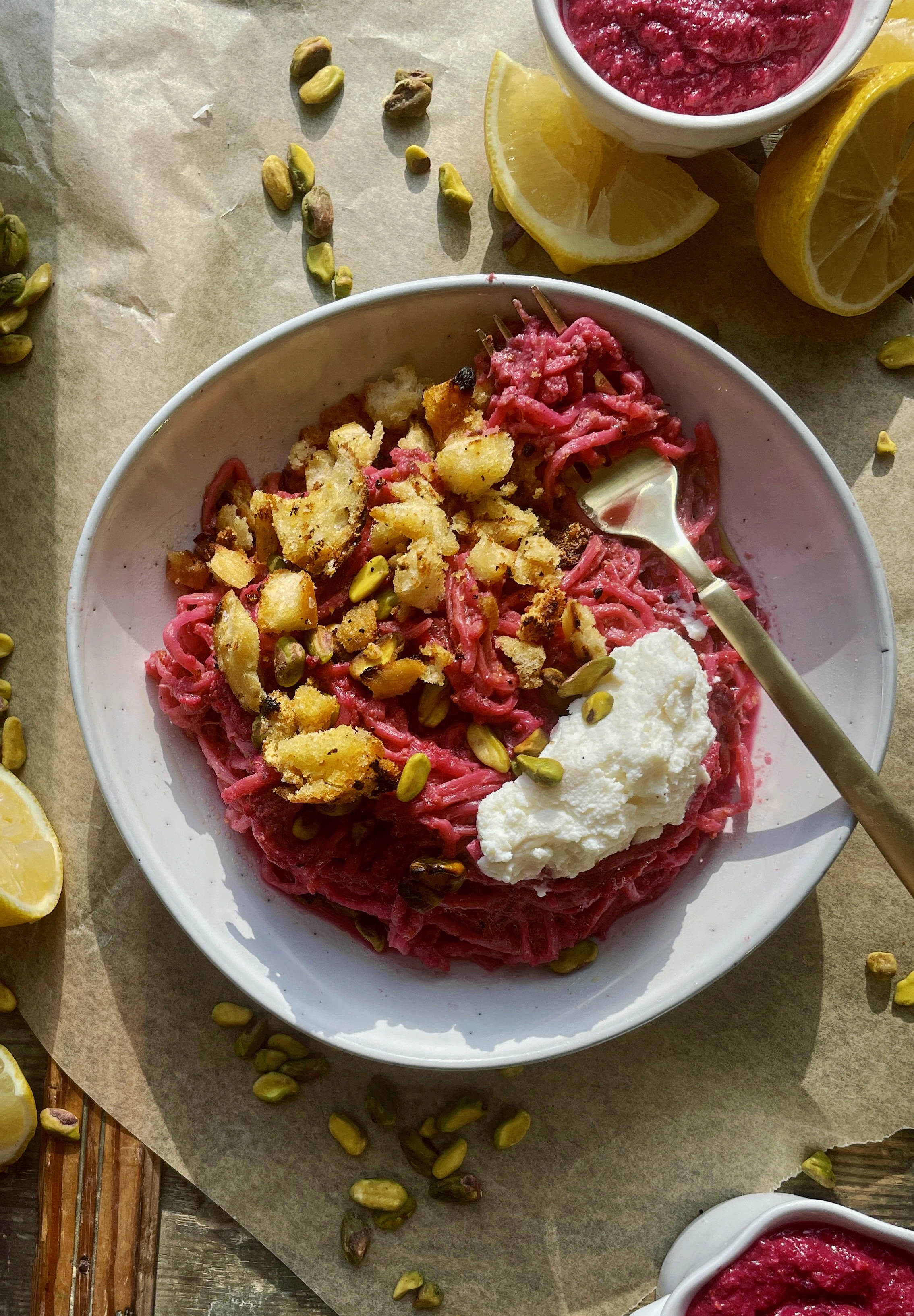  A creamy bright pistachio parmesan beet pesto tossed in a big bowl of noodles and topped with crispy homemade breadcrumbs and a dollop of fresh ricotta: this Beet Pesto Linguine with Ricotta and Homemade Breadcrumbs is truly my newest obsession.