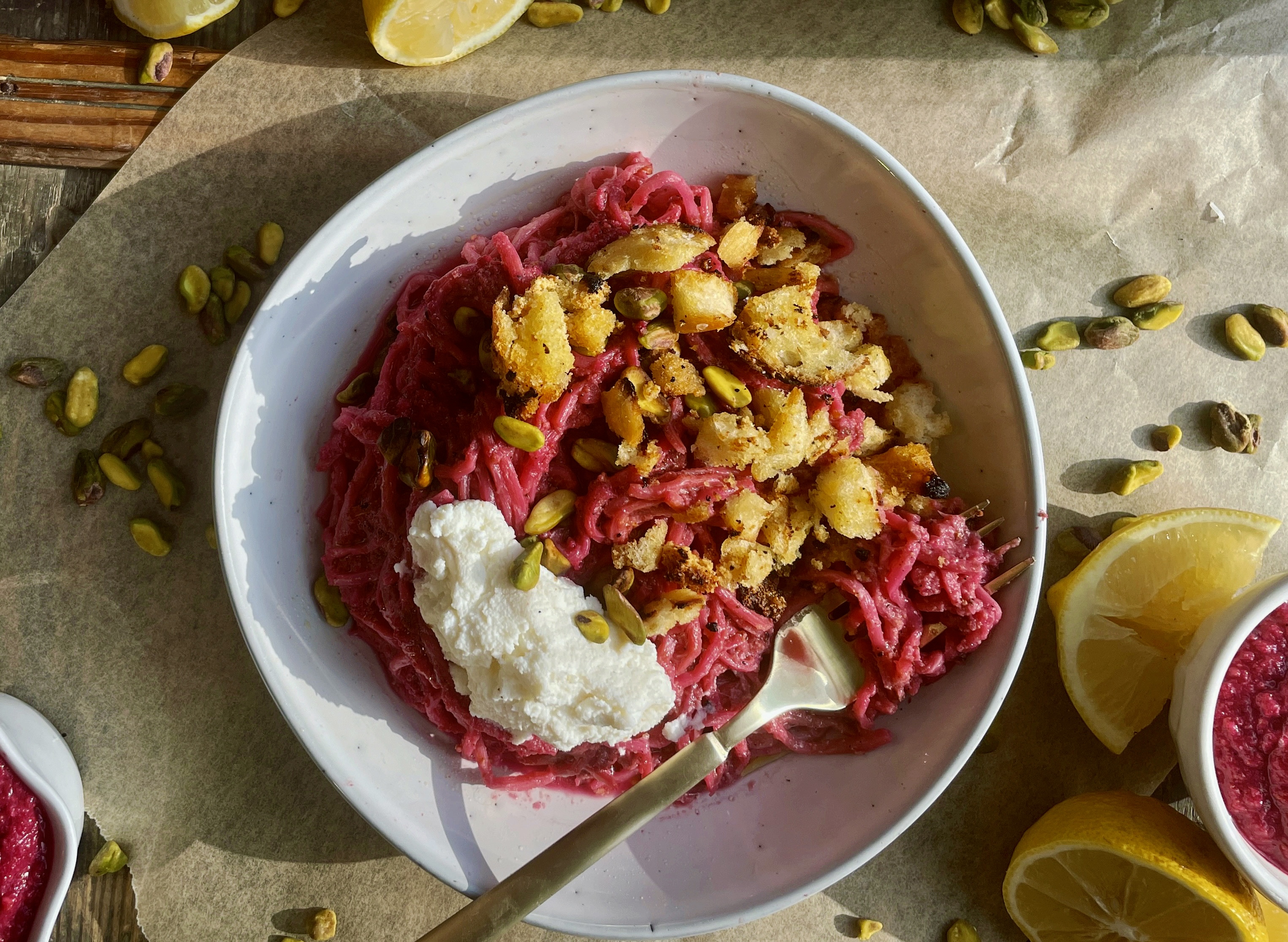 Beet Pesto Linguine with Ricotta and Homemade Breadcrumbs 