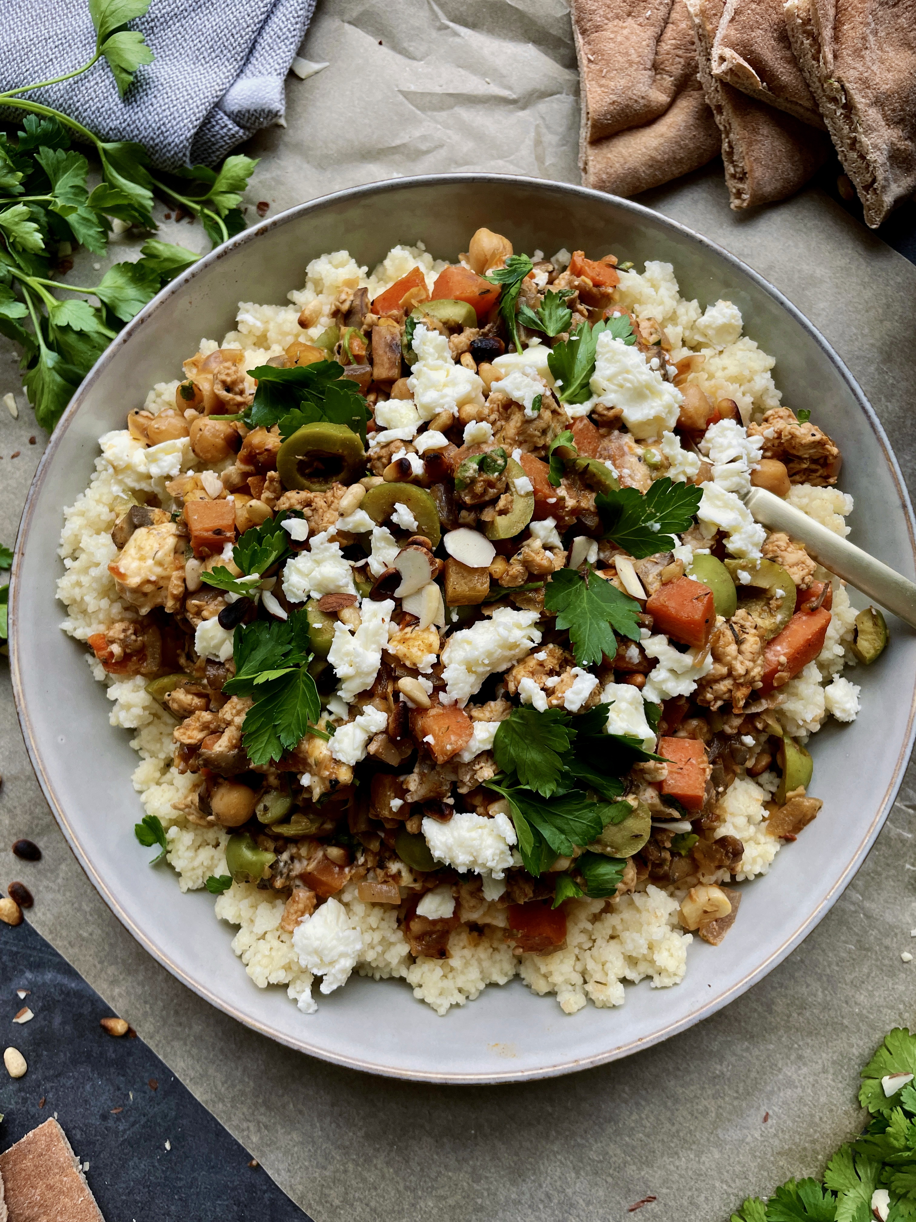 With allll the spices, golden chickpeas, some tangy Castelvetrano olives, and a good bit of creamy feta and labneh, these Moroccan Chicken Larb Couscous Bowls are the absolute best way to devour ground chicken and veggies!