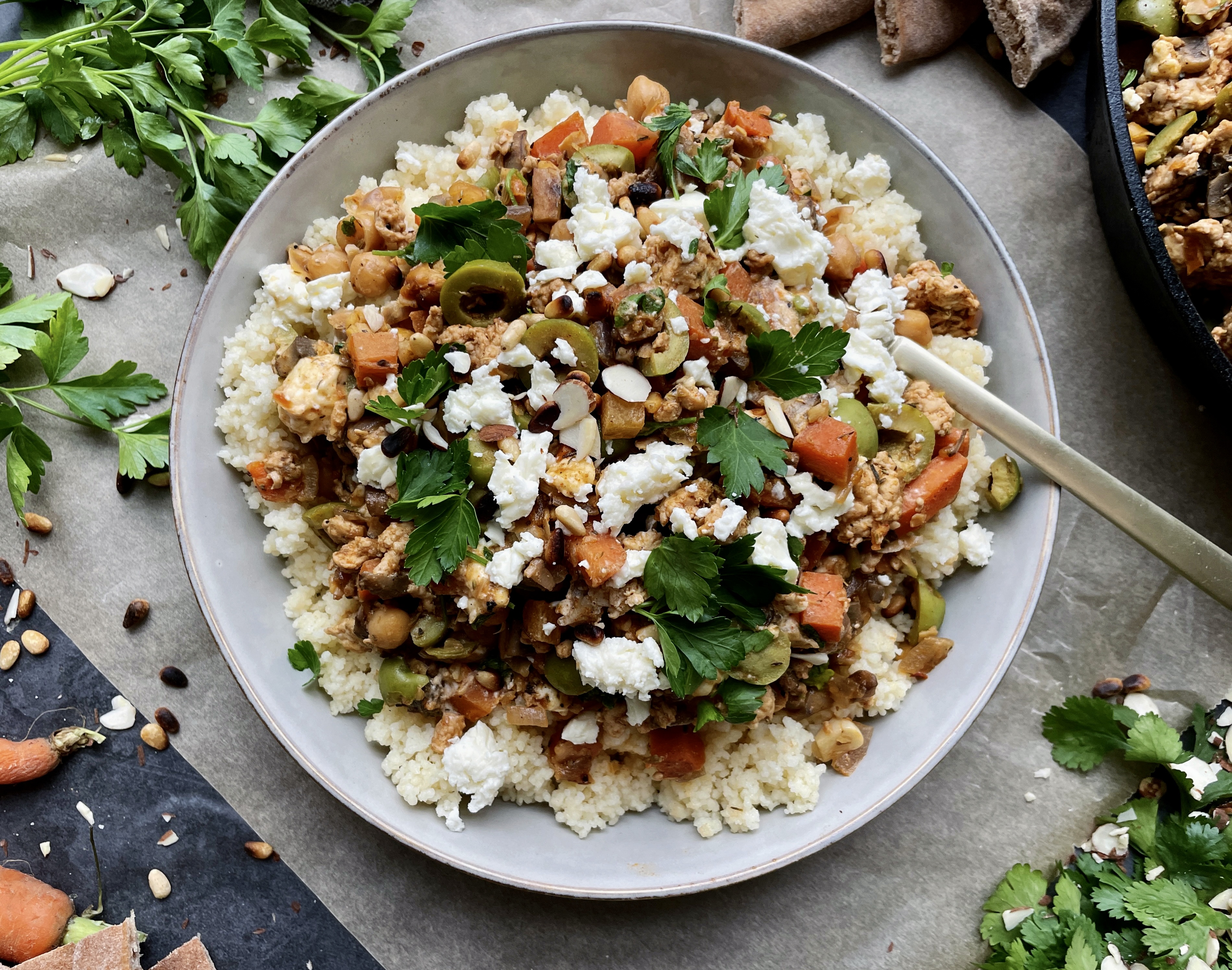 With allll the spices, golden chickpeas, some tangy Castelvetrano olives, and a good bit of creamy feta and labneh, these Moroccan Chicken Larb Couscous Bowls are the absolute best way to devour ground chicken and veggies!