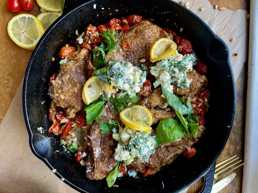  The easiest lemony sumac skillet chicken and tomatoes cooked down in garlicky white wine and finished with a cucumber mashed basil and mint feta: this Garlic Chicken with Roasted Tomatoes and Herbed Feta is truly my busy weeknight secret weapon. 