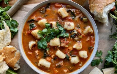 The warm and cozy yet hearty and healthy tomato based soup filled with veggies, white wine, and all the pillowy gnocchi: this Italian Sausage Tomato and Gnocchi Soup is truly getting me through this winter!