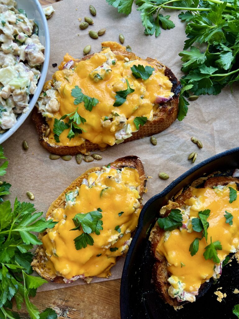  Sub out the tuna with perfectly seasoned smashed chickpeas, allll the good fresh fixings, a lighter Greek Yogurt, and tons of melty cheddar cheese all over a crusty slice of sourdough with this Easy Chickpea Salad Melts recipe — aka the only lunch recipe you will ever need!!