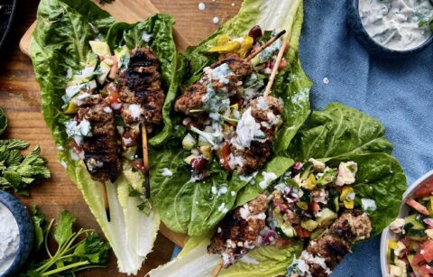 The juiciest Middle Eastern tahini and sumac packed skewers tucked into a lettuce wrap with a quick chopped topping and the most refreshing dressing: these Romaine Kofta Wraps with Mint Yogurt Drizzle are my go-to healthy dinner!