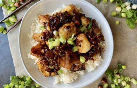 Juicy sesame miso marinated cod bites crisped up on the stove with a simple shallot hazelnut spicy crunch and served over your favorite rice: these Shallot Chili Crunch Miso Cod Bites are the best easy dinner.