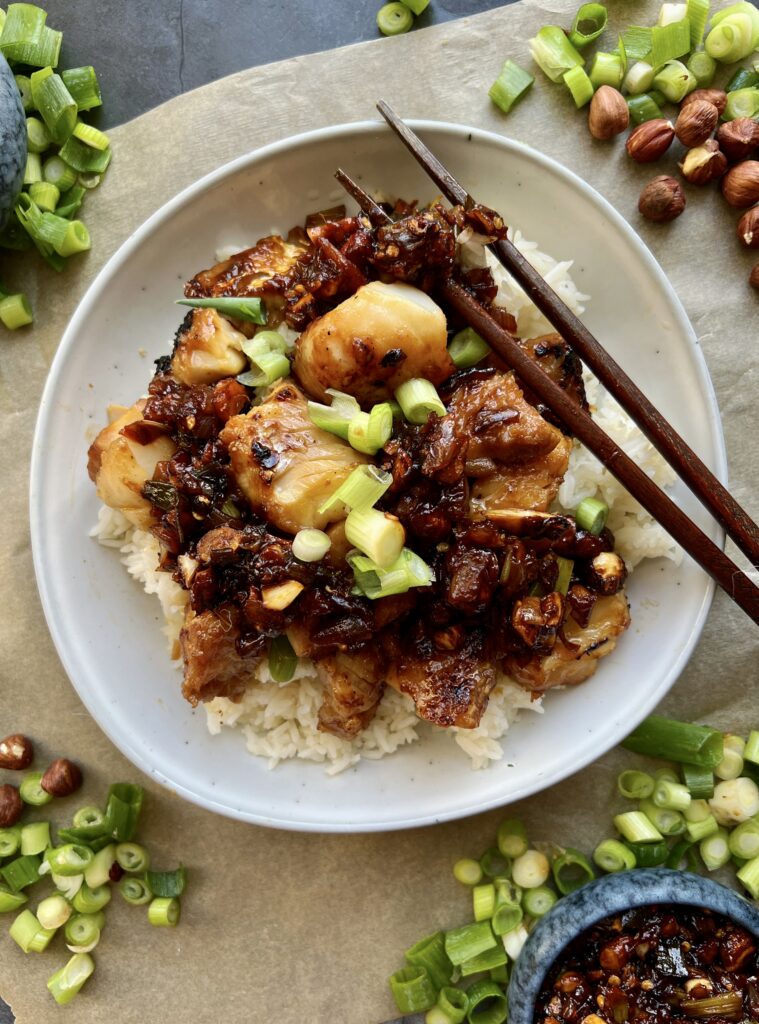 Juicy sesame miso marinated cod bites crisped up on the stove with a simple shallot hazelnut spicy crunch and served over your favorite rice: these Shallot Chili Crunch Miso Cod Bites are the best easy dinner.