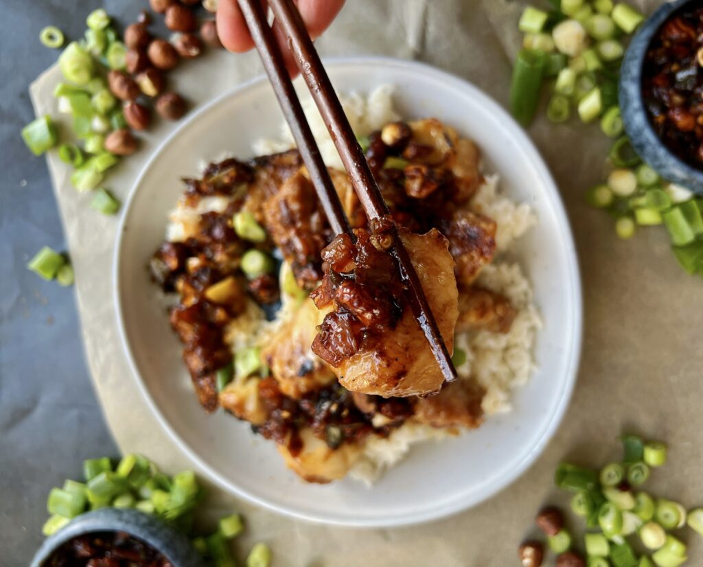 Juicy sesame miso marinated cod bites crisped up on the stove with a simple shallot hazelnut spicy crunch and served over your favorite rice: these Shallot Chili Crunch Miso Cod Bites are the best easy dinner.