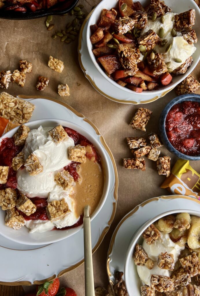 With the best of sweet and tangy flavors, all the crunchy toppings, and my favorite Over Easy Bars to top everything off: these Granola Labneh Breakfast Bowls 3 Ways are my new favorite breakfast to meal prep!