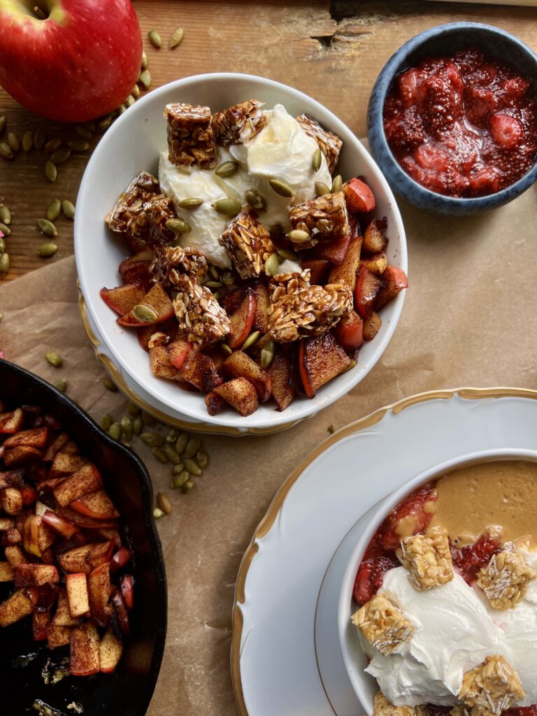 With the best of sweet and tangy flavors, all the crunchy toppings, and my favorite Over Easy Bars to top everything off: these Granola Labneh Breakfast Bowls 3 Ways are my new favorite breakfast to meal prep!