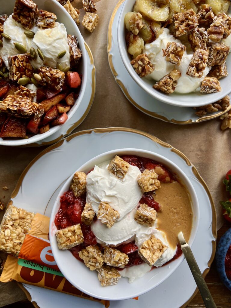 With the best of sweet and tangy flavors, all the crunchy toppings, and my favorite Over Easy Bars to top everything off: these Granola Labneh Breakfast Bowls 3 Ways are my new favorite breakfast to meal prep!