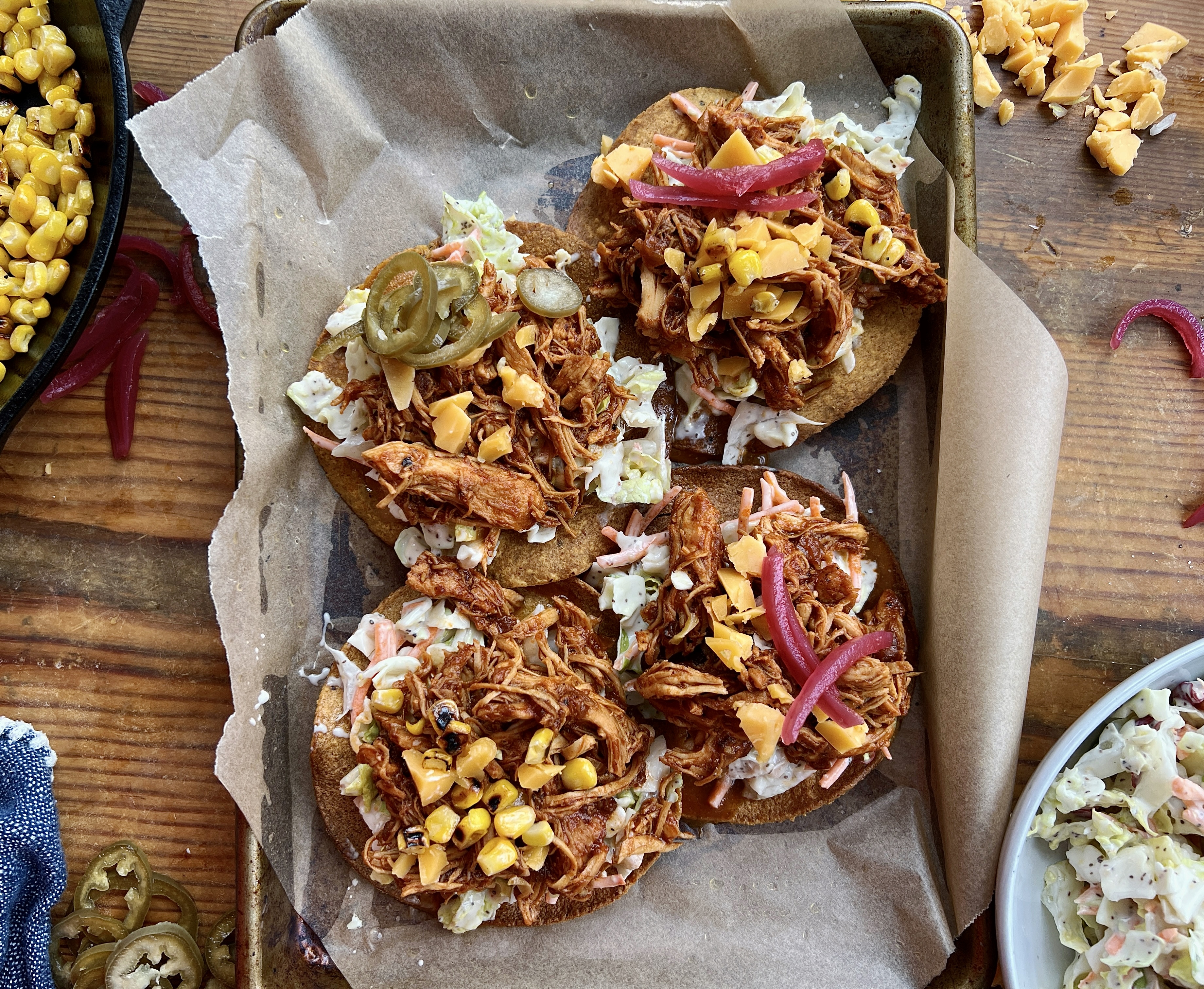 Quick BBQ Pulled Chicken Tostadas