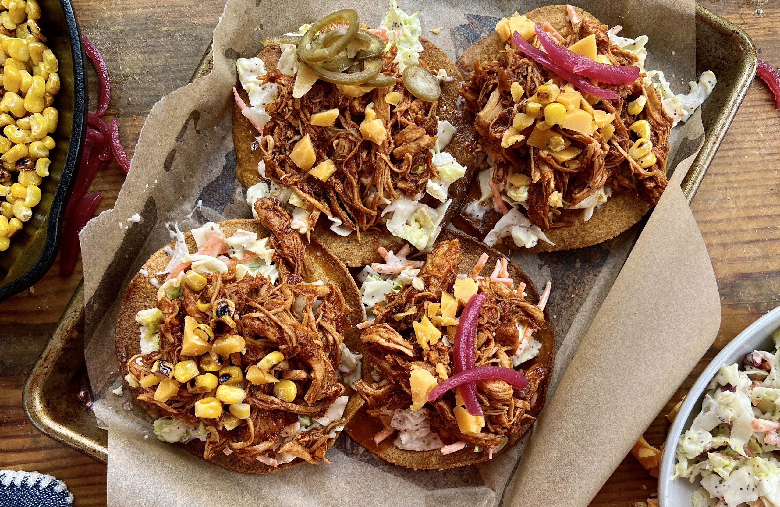 Quick BBQ Pulled Chicken Tostadas