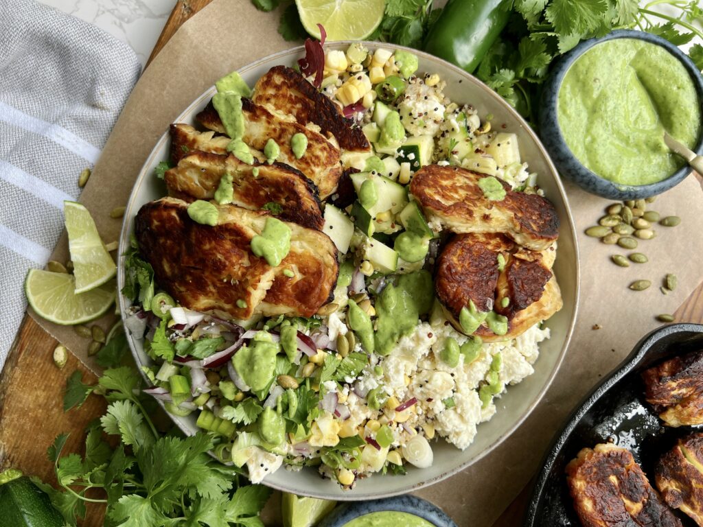 Fried Halloumi, Corn, and Zucchini Quinoa Salad