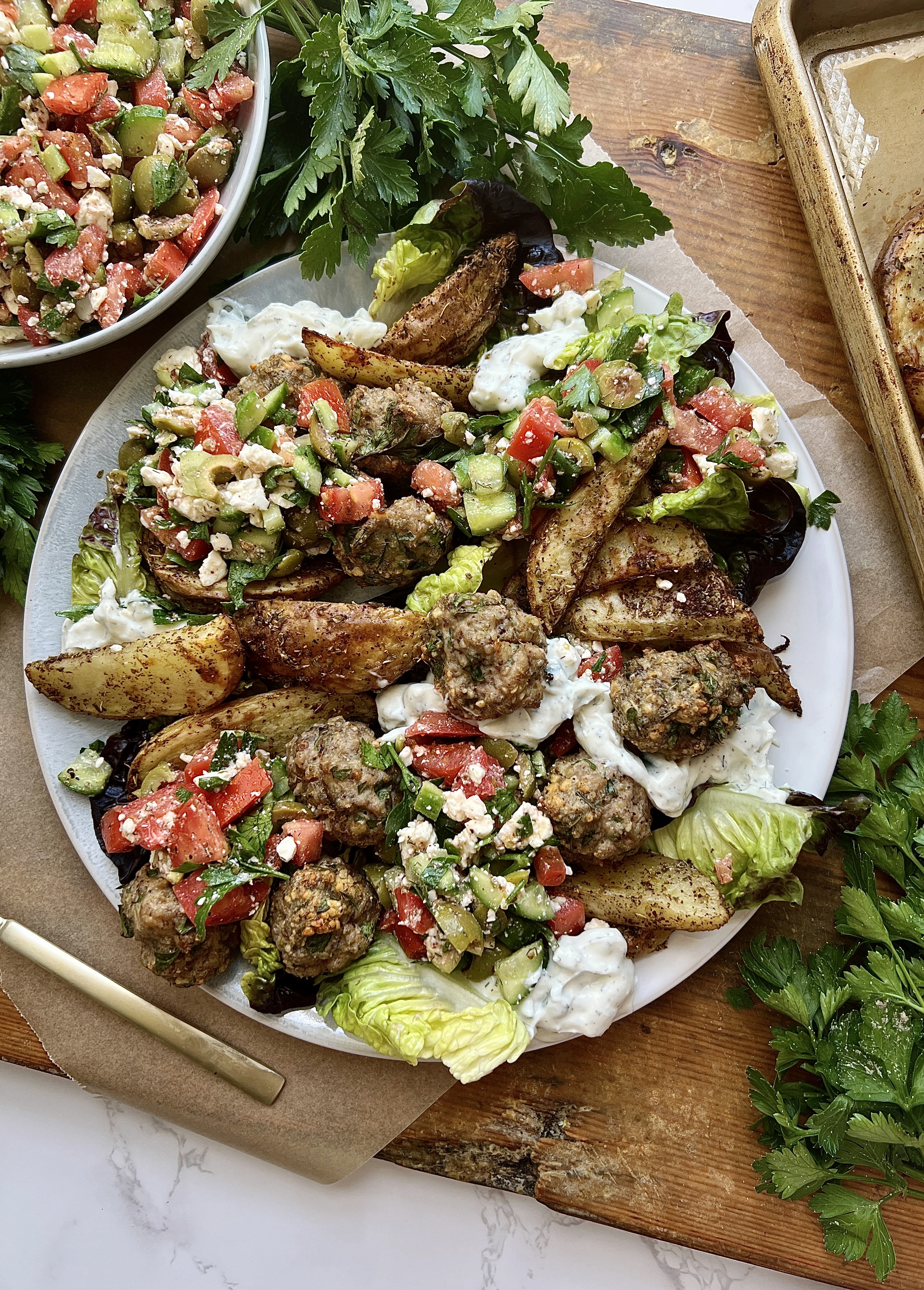 On Annie's Menu - Sheet Pan Greek Meatball and Potatoes