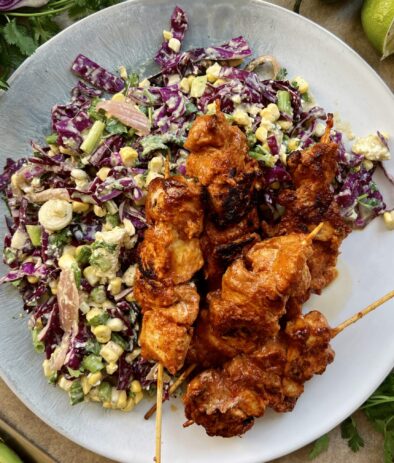 Chipotle Chicken Skewers with Elote Slaw