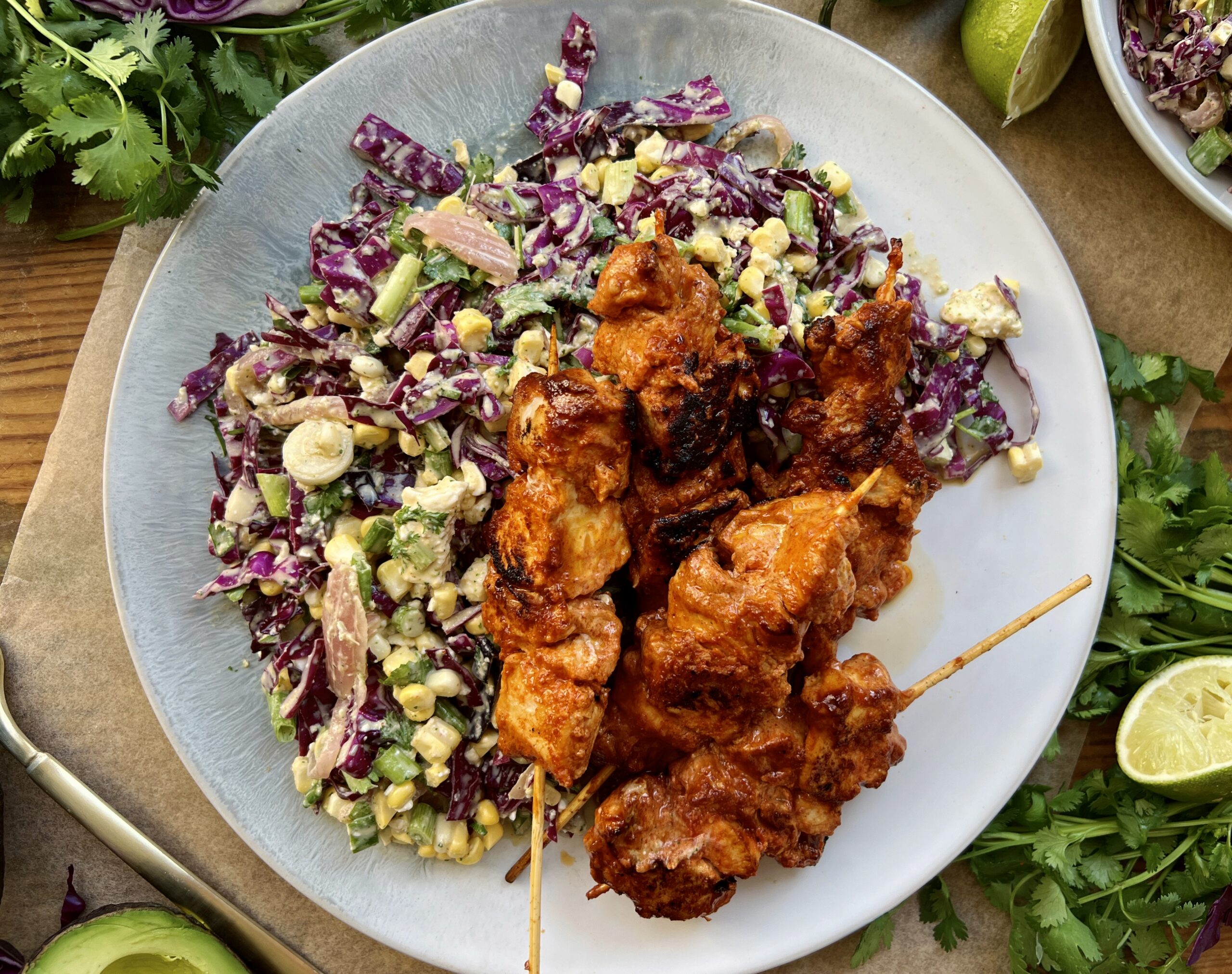 Chipotle Chicken Skewers with Elote Slaw