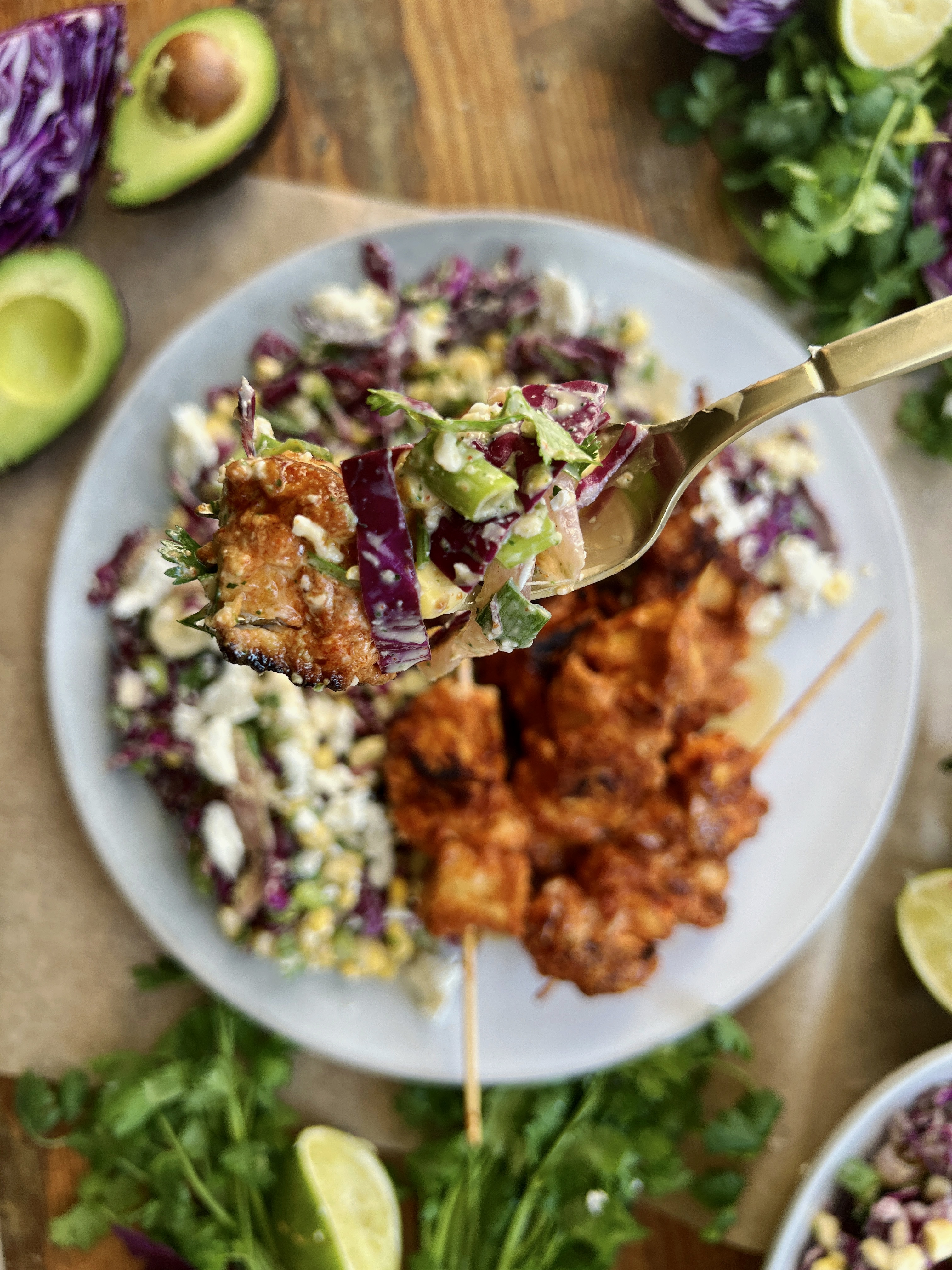 Chipotle Chicken Skewers with Elote Slaw, Chipotle Chicken Skewers with corn Slaw, Chipotle Chicken Skewers with Slaw, Chipotle Chicken Skewers with Esquites Slaw, Elote Slaw, elote cabbage slaw, esquites cabbage slaw, street corn slaw, street corn slaw and chicken, healthy mexican recipes, mexican chicken skewers, Chipotle Chicken Skewers, honey Chipotle Chicken Skewers, Chipotle Chicken Skewers salad, mexican Chicken Skewers salad, make ahead mexican recipes, healthy make ahead mexican recipes, entertaining make ahead mexican recipes, meal prep make ahead mexican recipes, dinner party make ahead mexican recipes, on annie’s menu, onanniesmenu, on annies menu,